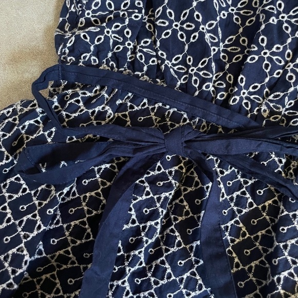 Express Printed Lace Trim Eyelet Navy Blue Belted Faux Wrap Dress Size S - Picture 8 of 11